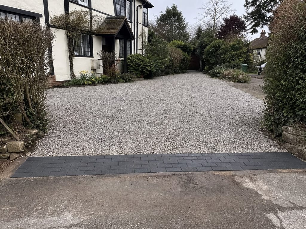 Gravel driveway with a charcoal block apron at the road outside a timber framed house in Knowle