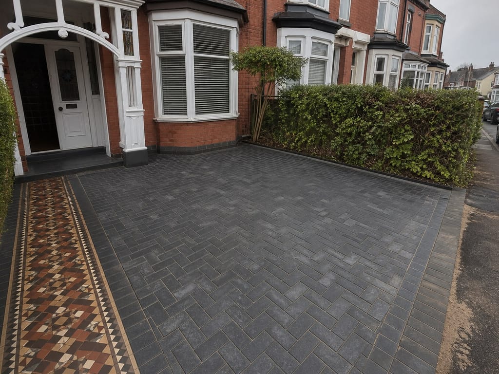 Charcoal herringbone driveway laid beside the original tiled path on a Victorian terrace in Olton