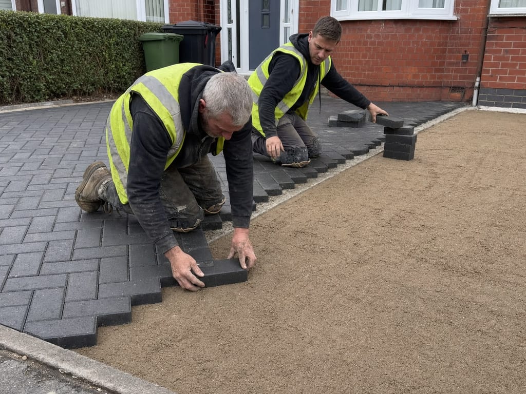 Two of the team laying block paving on a drive in Solihull