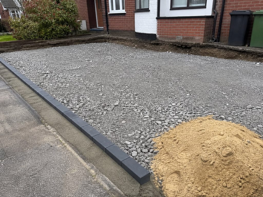 Crushed stone sub-base compacted level and ready for blocks
