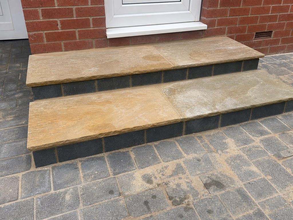 New stone steps built between the drive and the front door